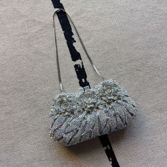 NIB Floral Rhinestone Crystal Evening Clutch Bag w. Chain Handle - Picture 2 of 4